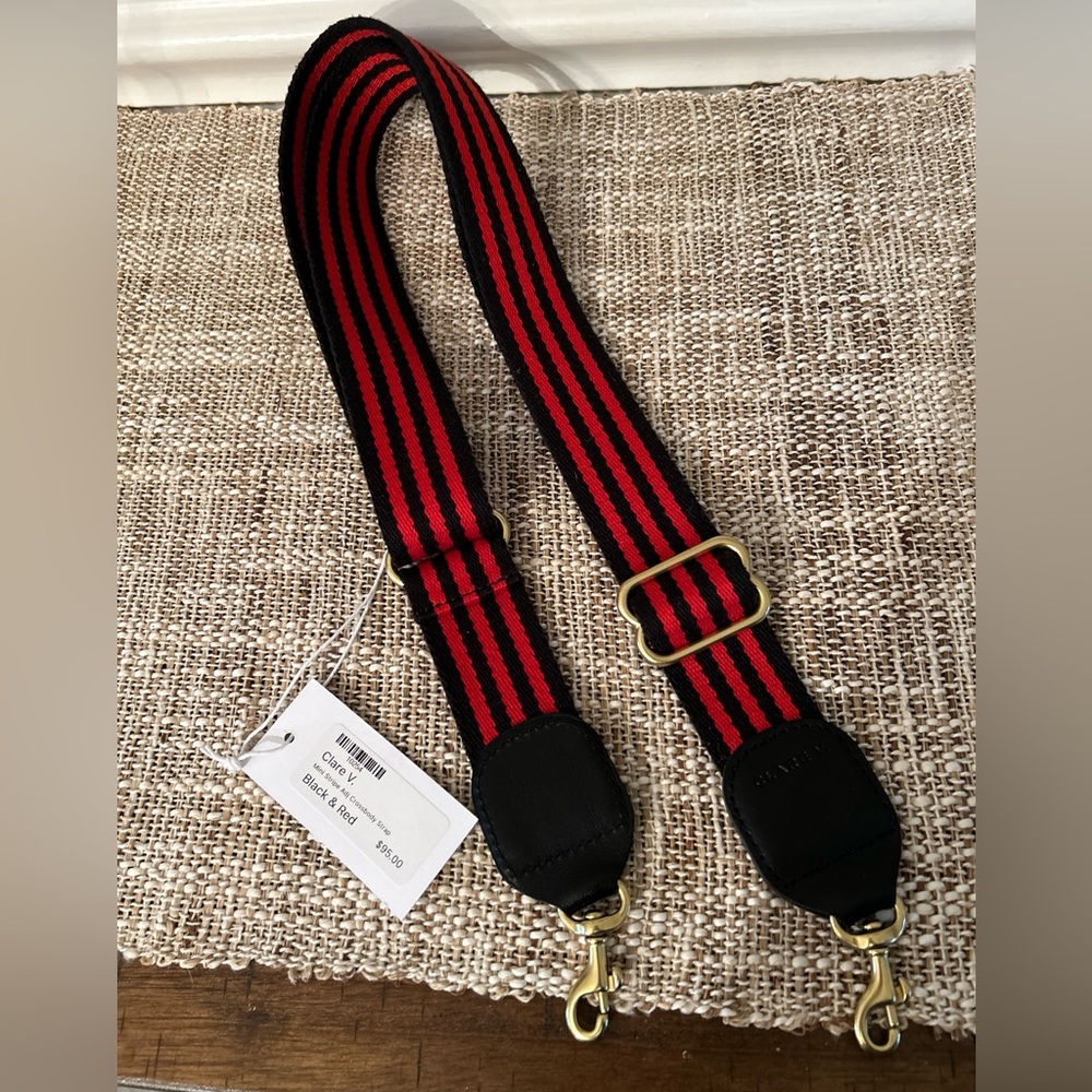 Clare V adjustable strap. Black/red stripes with brass hardware. NWT